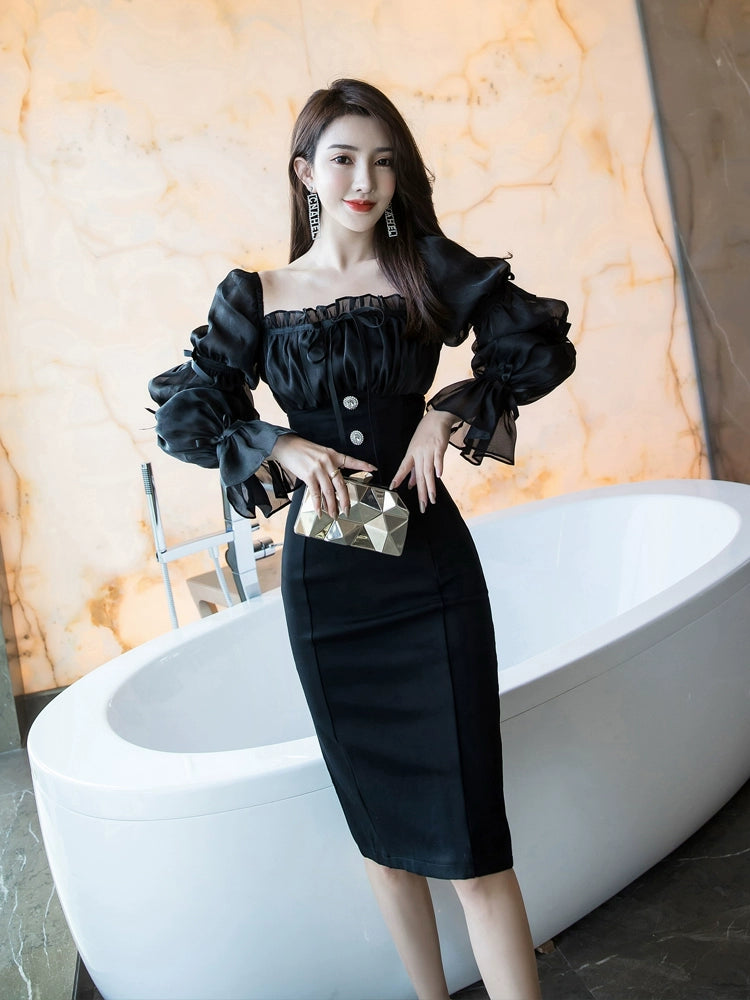 French Royal Style Socialite Black and White Patchwork Puff Sleeve Dress Women's 2023 Autumn Clothes Tight Waist Sheath Skirt Tide