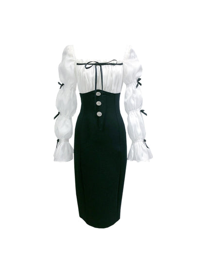 French Royal Style Socialite Black and White Patchwork Puff Sleeve Dress Women's 2023 Autumn Clothes Tight Waist Sheath Skirt Tide