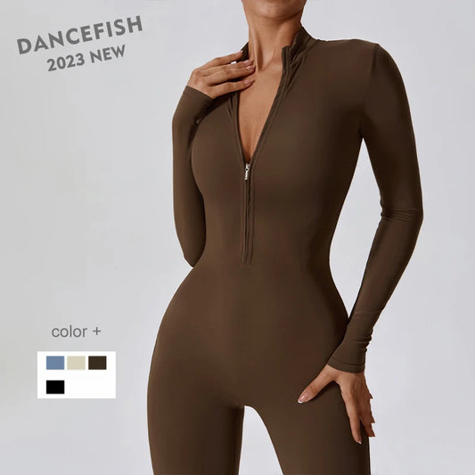 DANCEFISH 2023 Women Zipper Nude Long Sleeve High Intensity Workout One Piece Leotard Fitness Dance Gym Aerial Yoga Jumpsuit