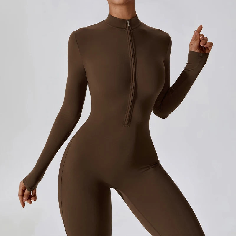 DANCEFISH 2023 Women Zipper Nude Long Sleeve High Intensity Workout One Piece Leotard Fitness Dance Gym Aerial Yoga Jumpsuit