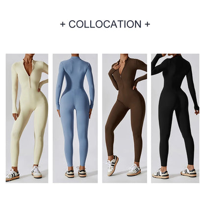 DANCEFISH 2023 Women Zipper Nude Long Sleeve High Intensity Workout One Piece Leotard Fitness Dance Gym Aerial Yoga Jumpsuit