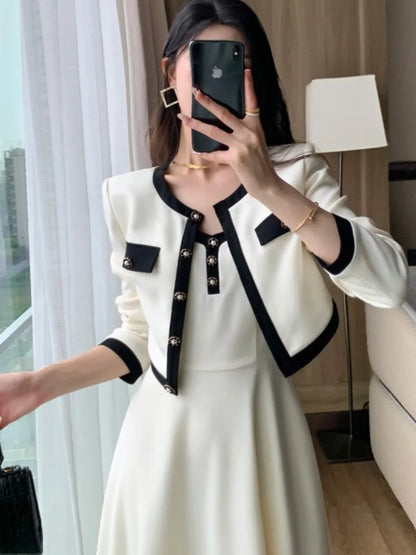 Elegant 2-Piece Dress Set for Lady Short Coat A-Line Midi Camisole Dresses Slim Korean Fashion Female Suit Spring Autumn New