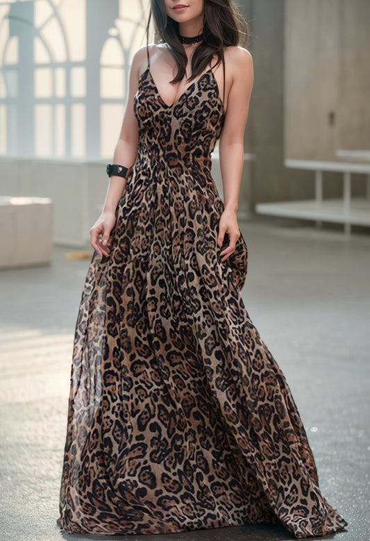 EBay AliExpress Fashion Style Export Fashion Temperament Leopard Print Print V-neck Strap Dress Sexy Long Dress