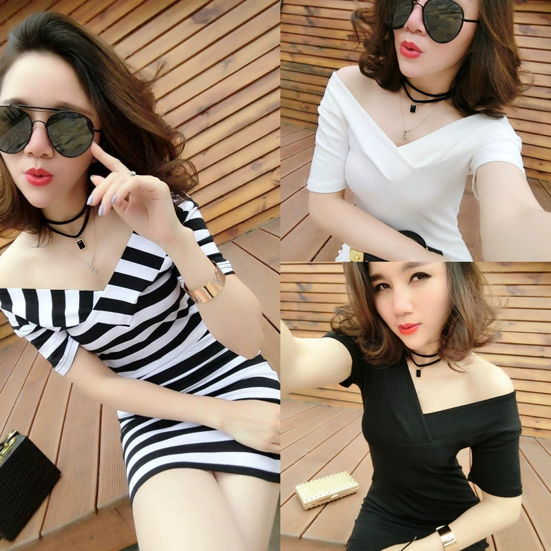 Nightclub Spring off-Shoulder Slim-Fit Striped Dress